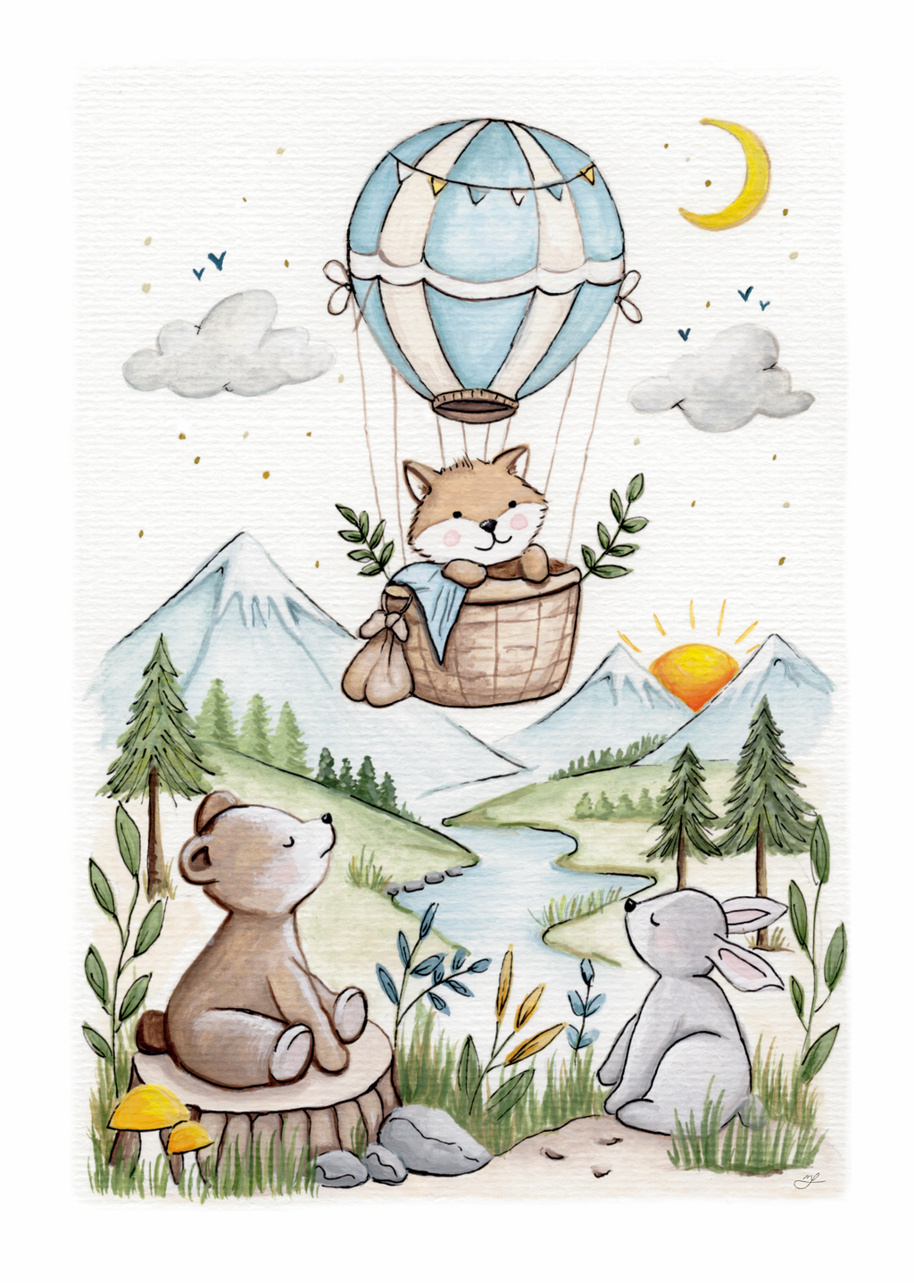 Illustration of a fox in a hot air balloon over a mountain landscape with a bear and rabbit on the ground.