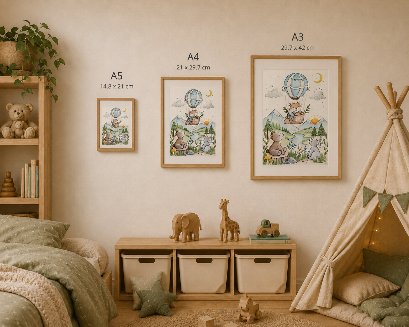 Children's room with framed illustrations on the wall, toys, and a teepee.