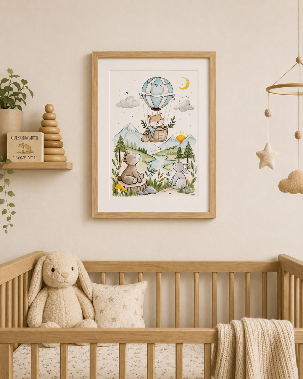Nursery room with a framed illustration of animals in a hot air balloon, wooden crib with plush toys, and wall decorations.
