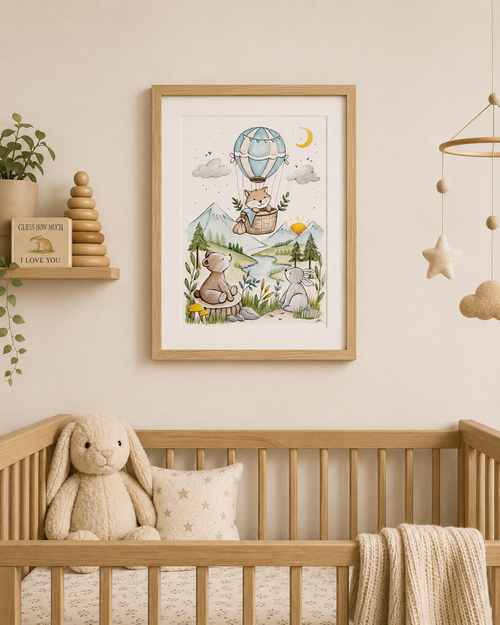Nursery room with a framed illustration of animals in a hot air balloon, wooden crib with plush toys, and wall decorations.