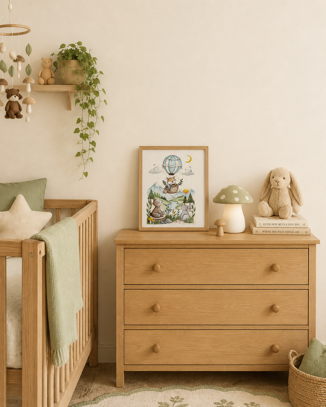 Nursery room with wooden crib, dresser, and decorative items.