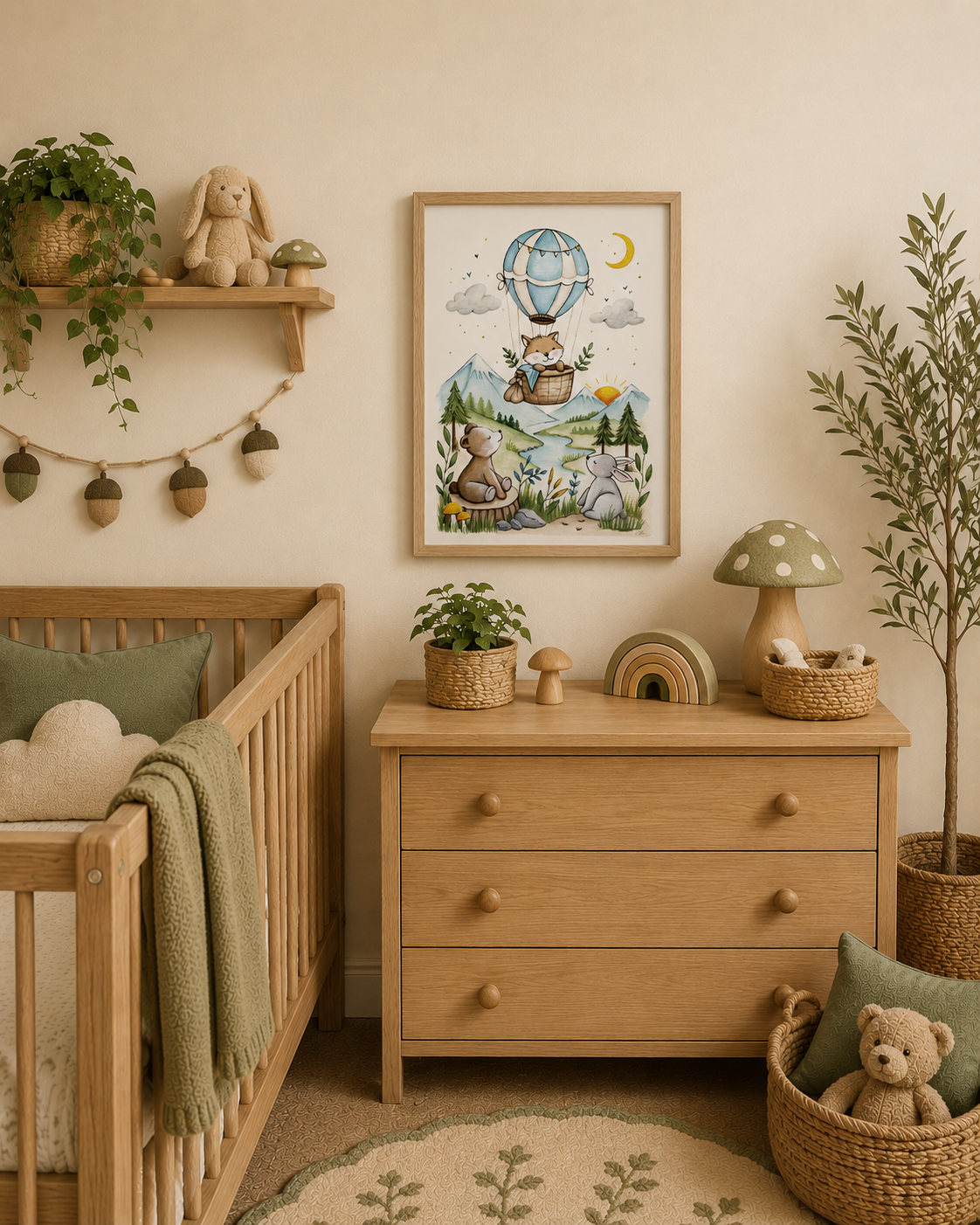 Nursery room with wooden crib, dresser, and decorative elements.