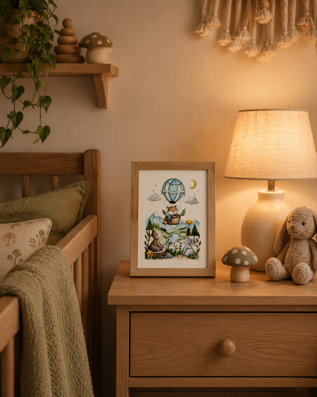 Nursery room with wooden nightstand, framed artwork, lamp, and toys.