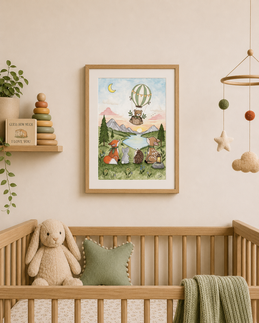 Nursery room with wooden crib, teddy bear, and framed artwork on the wall.