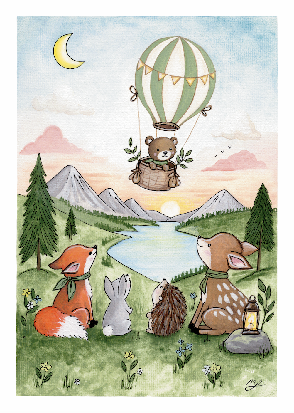 Illustration of animals watching a teddy bear in a hot air balloon over a scenic landscape.