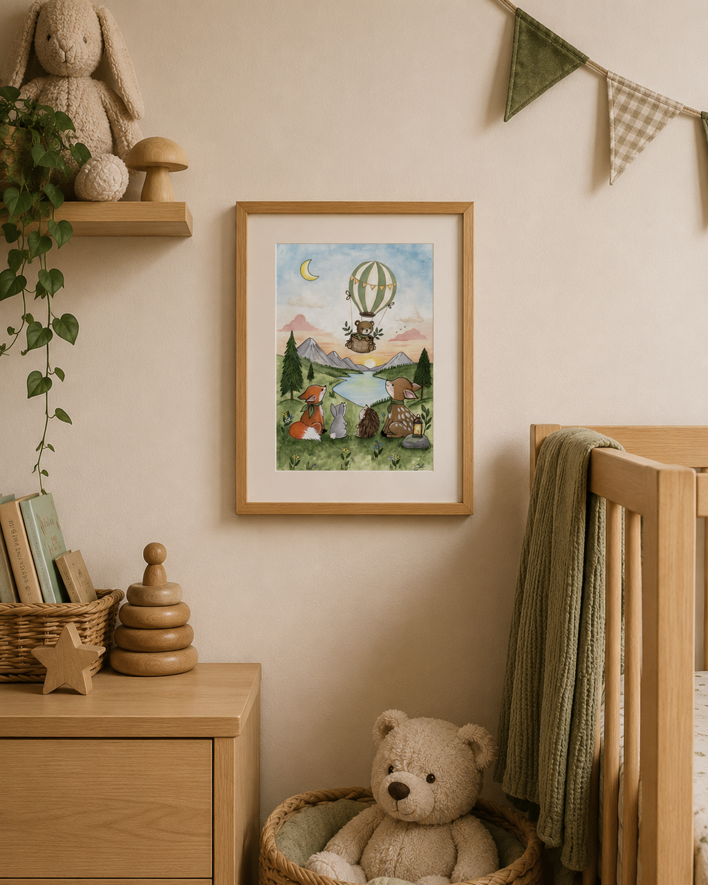 Nursery room with a framed picture, teddy bear, and wooden furniture.