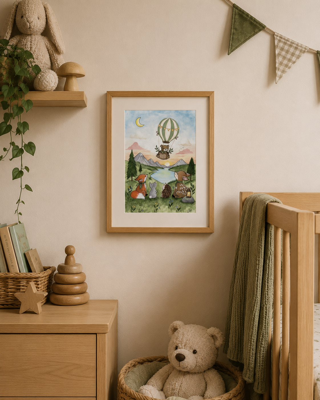 Nursery room with a framed picture, teddy bear, and wooden furniture.