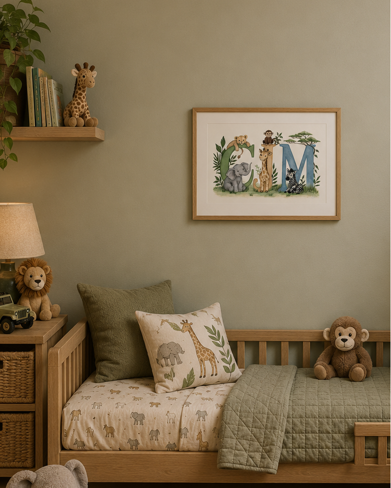 A framed safari-themed nursery art print hangs on a sage green wall above a wooden daybed with safari animal prints, pillows, and stuffed toys in a styled children's room.