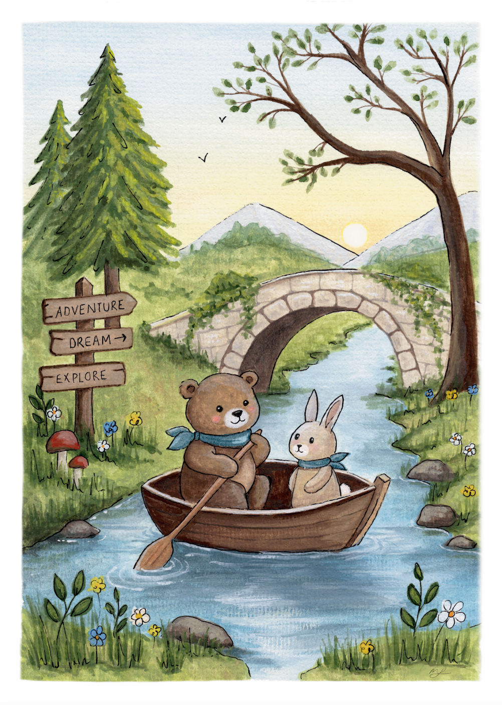 Illustration of a bear and a rabbit in a boat on a stream with a bridge and trees in the background.