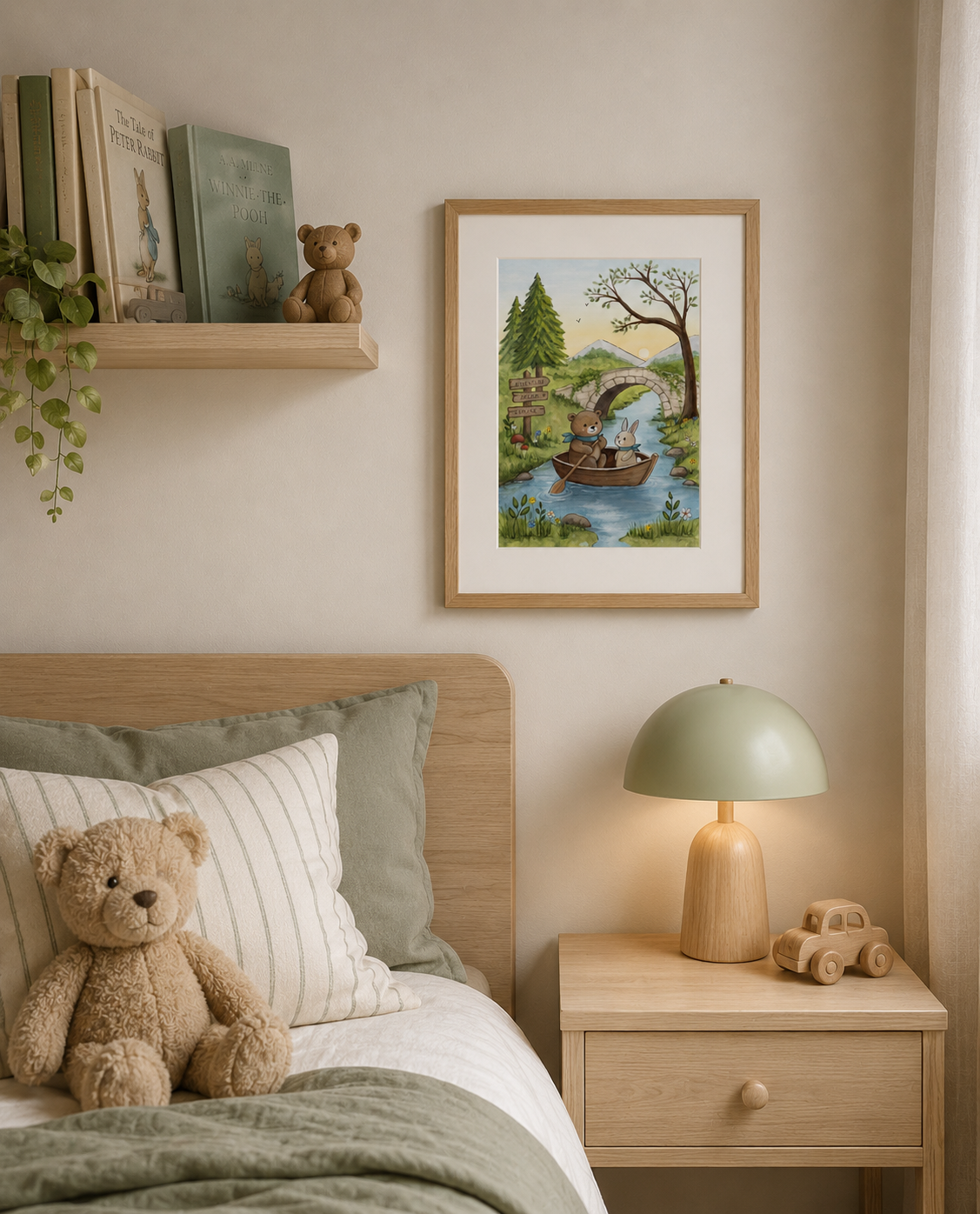 Nursery room with teddy bear, books, and framed picture on the wall.