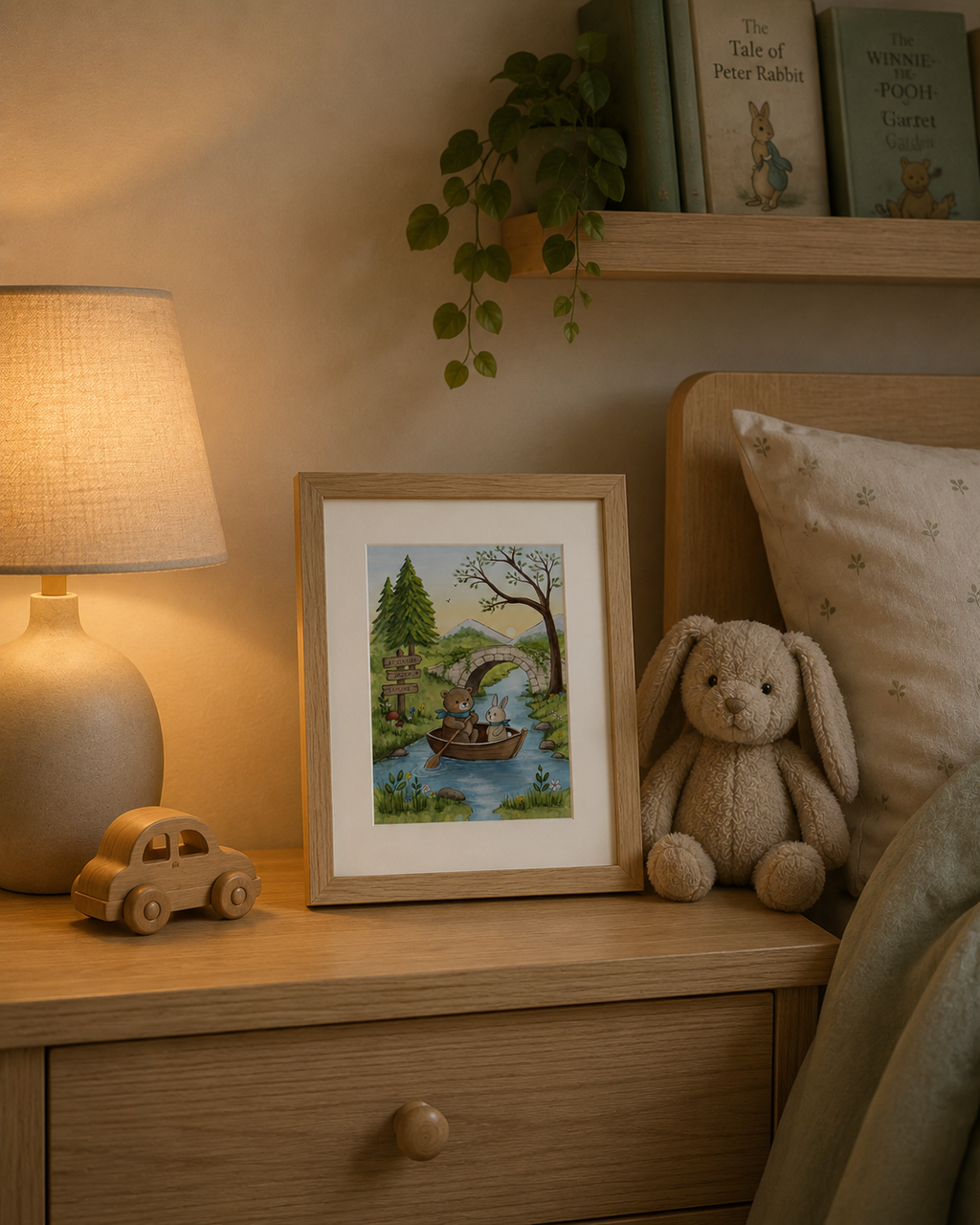 Framed artwork on a wooden dresser with a lamp, toy car, and plush rabbit.