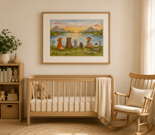 Nursery room with wooden crib, rocking chair, and framed artwork of bears by a lake.