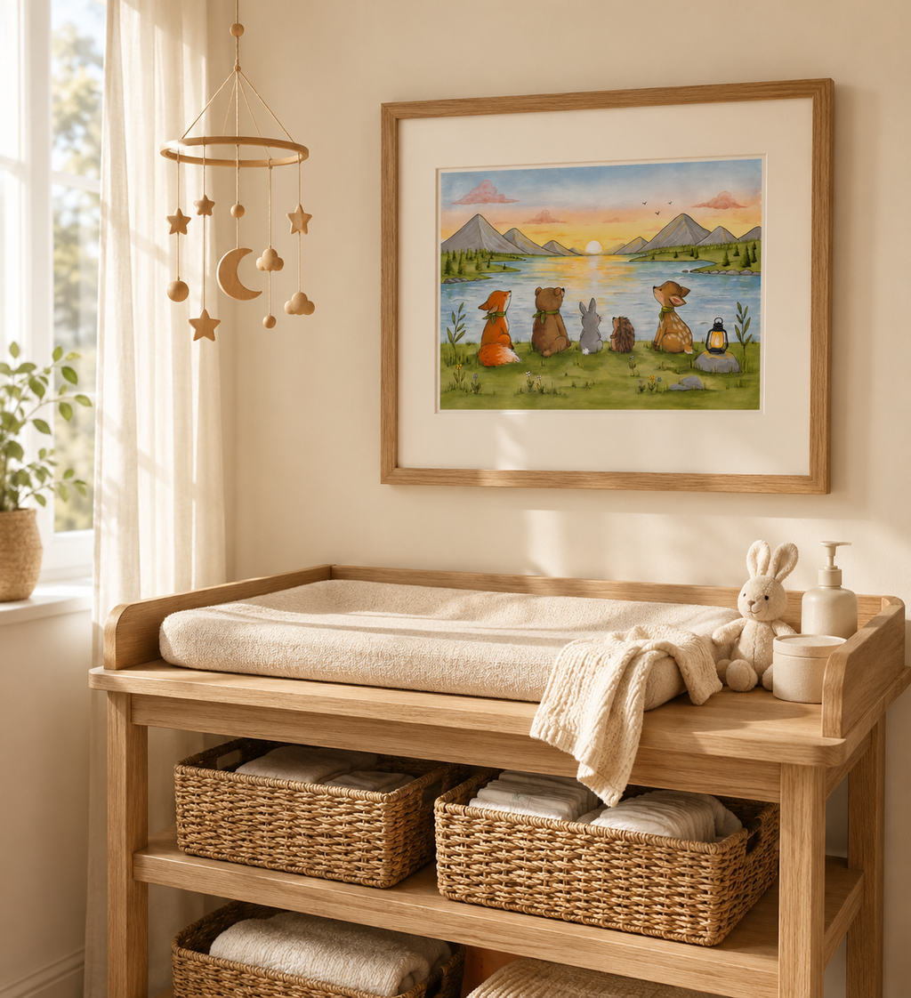 Wooden changing table with baskets, toys, and a framed painting in a nursery.