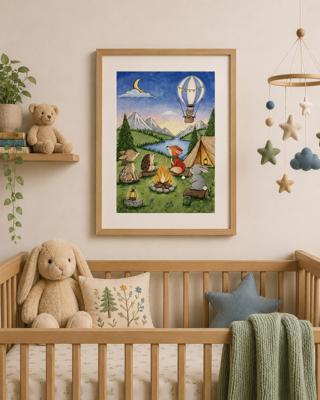 Children's room with a framed illustration of children at a campsite, teddy bear, and crib with stuffed animal.