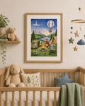 Children's room with a framed illustration of children at a campsite, teddy bear, and crib with stuffed animal.