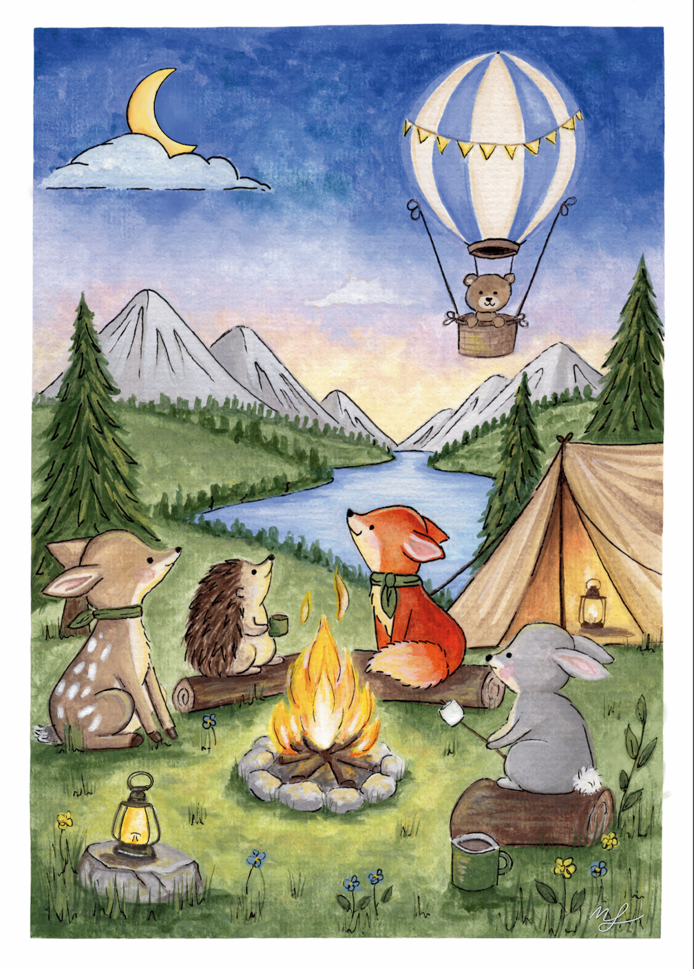 Illustration of animals around a campfire with a hot air balloon and mountains in the background
