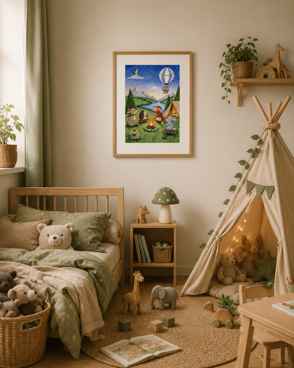 Children's bedroom with wooden bed, toys, and wall art.