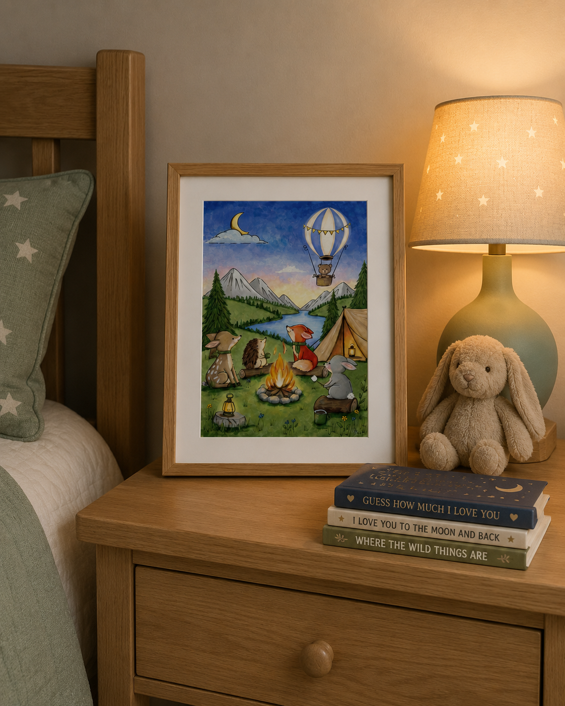 Framed children's illustration on a nightstand with books and a plush toy.