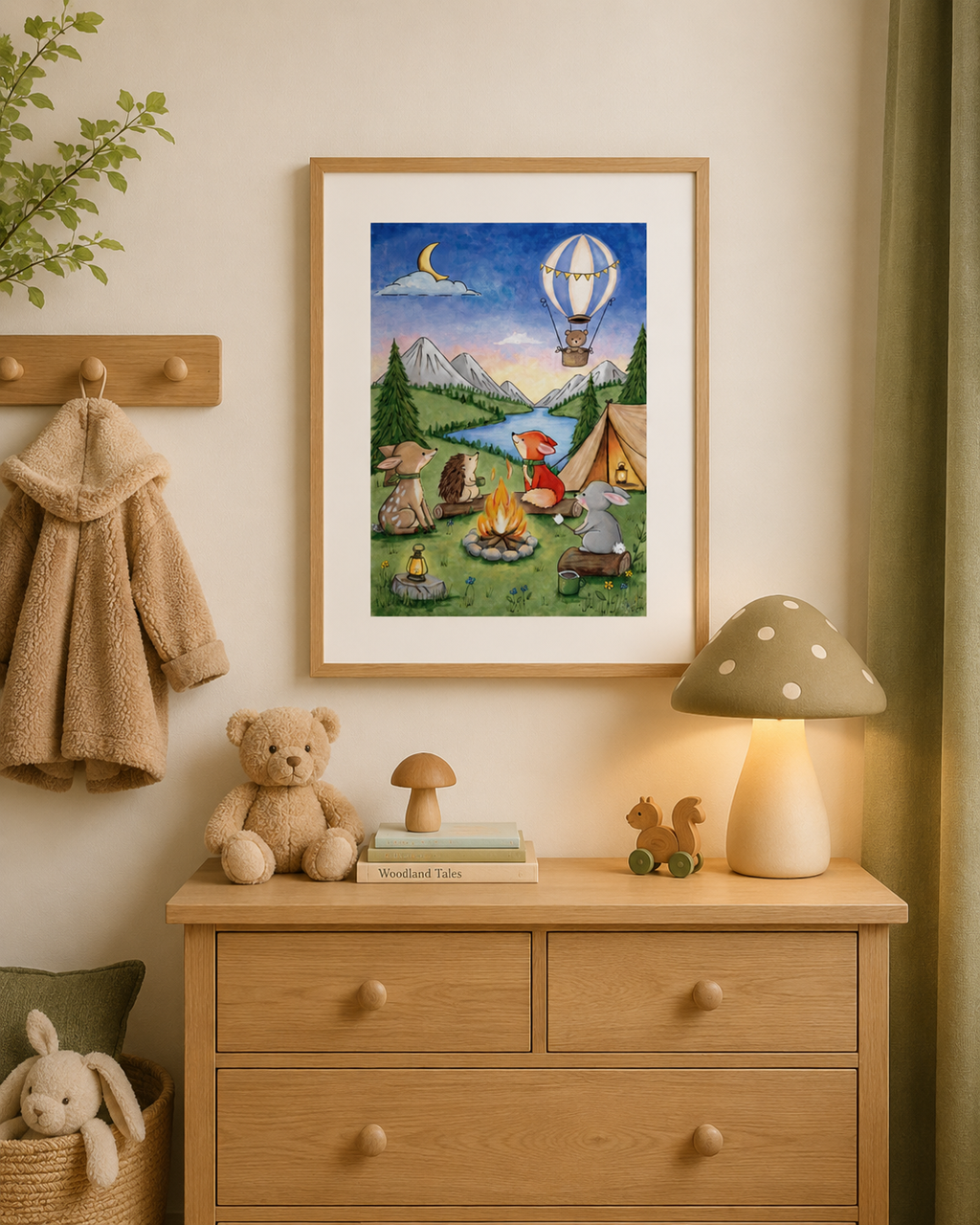 Children's room with a framed illustration, teddy bear, and lamp on a dresser.