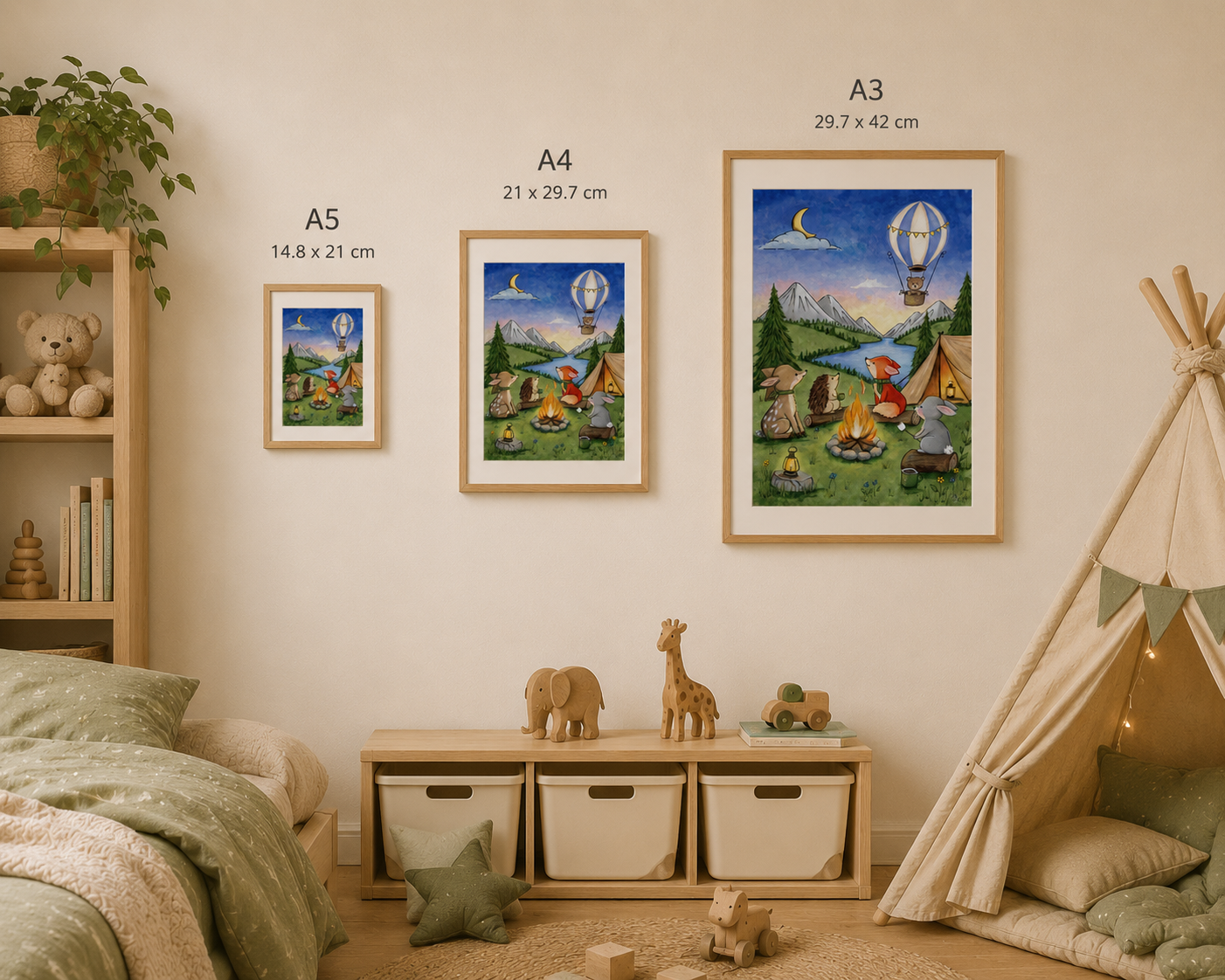 Children's room with framed artwork, toys, and a teepee.
