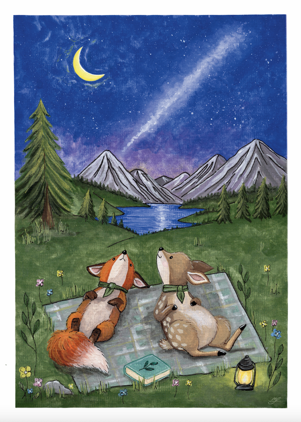 Illustration of fox and deer sitting on a blanket under a starry sky with mountains and a lake.