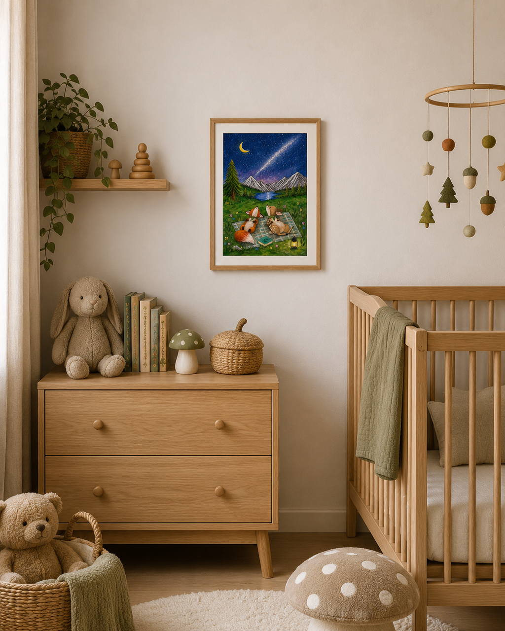 Nursery room with wooden dresser, crib, and decorative items.